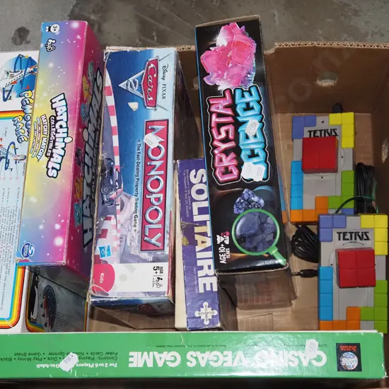 box; various board games, toys