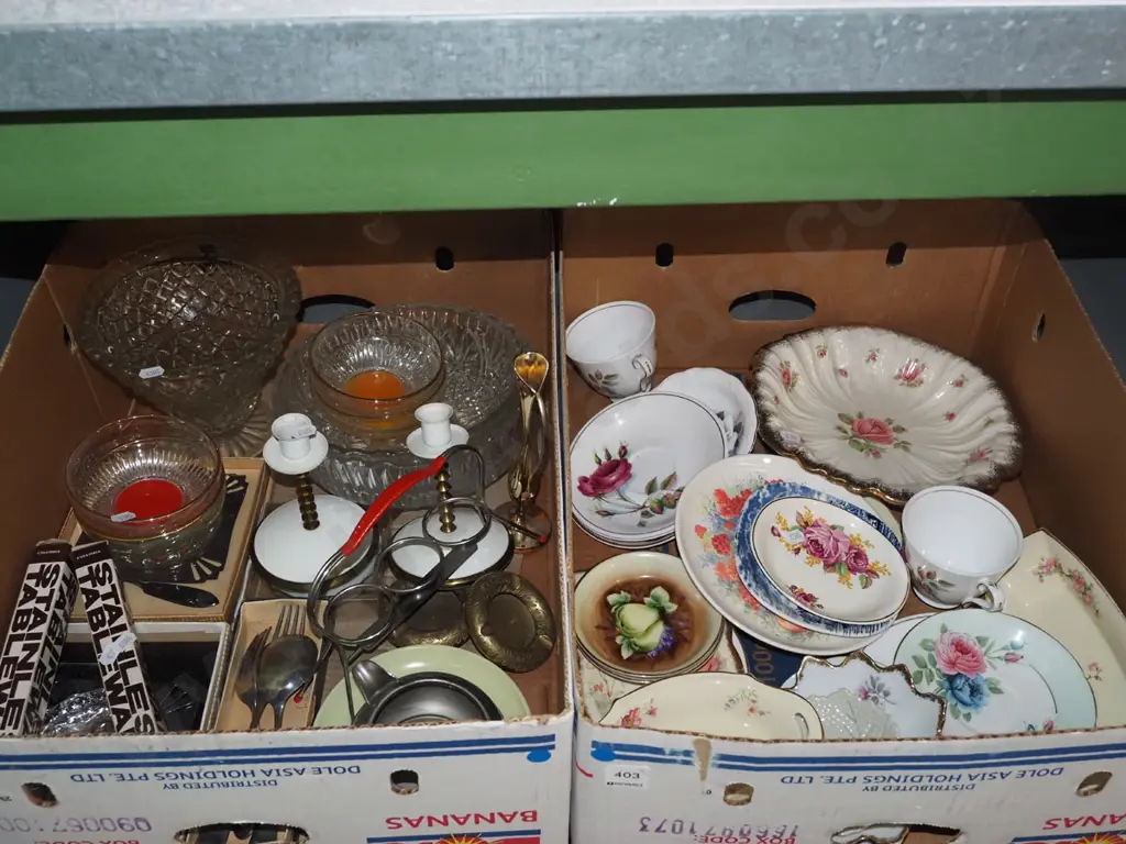 2 boxes; glass bowls, candlesticks, saucers, cups etc - blue dots Image 1++