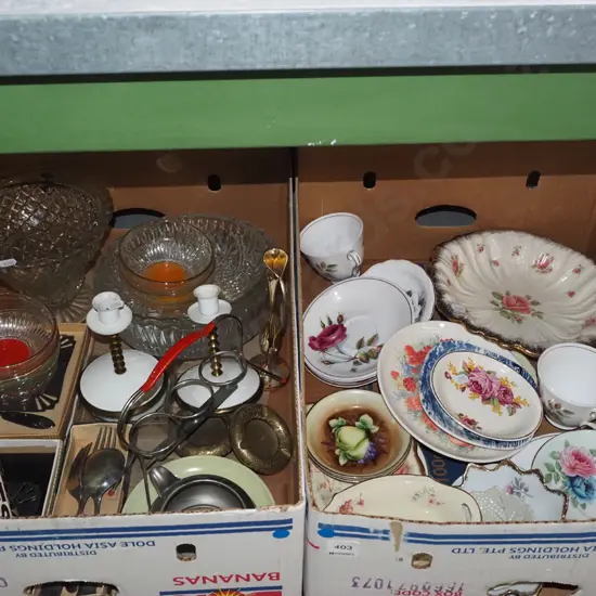 2 boxes; glass bowls, candlesticks, saucers, cups etc - blue dots