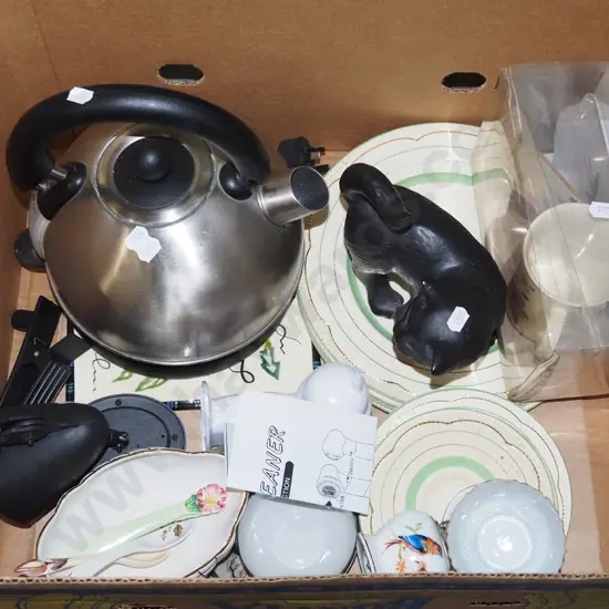 box; electric kettle, cat figurines, bowls etc