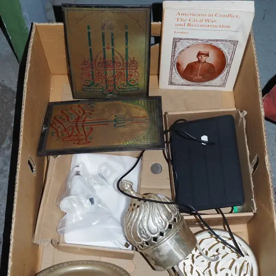 box; tea candle lantern, Arabic prints on tin etc