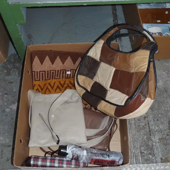 box; hand bags, umbrellas