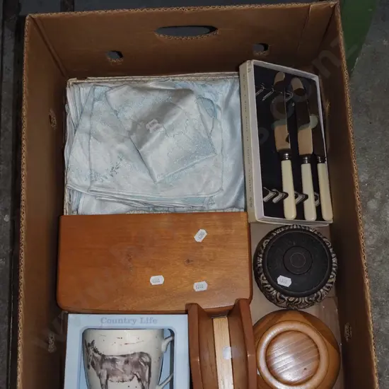box; as new coffee cup, knives, linen etc