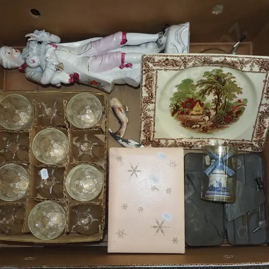 box; retro glasses, plates, figurine etc