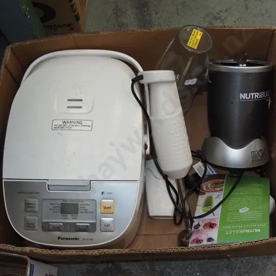 box; Nutri Bullet, stick blender, Panasonic rice cooker