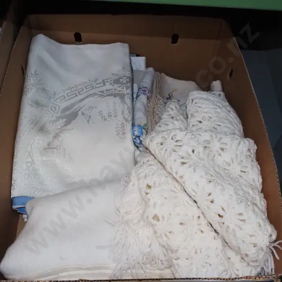 box; crochet blanket, Irish linen etc
