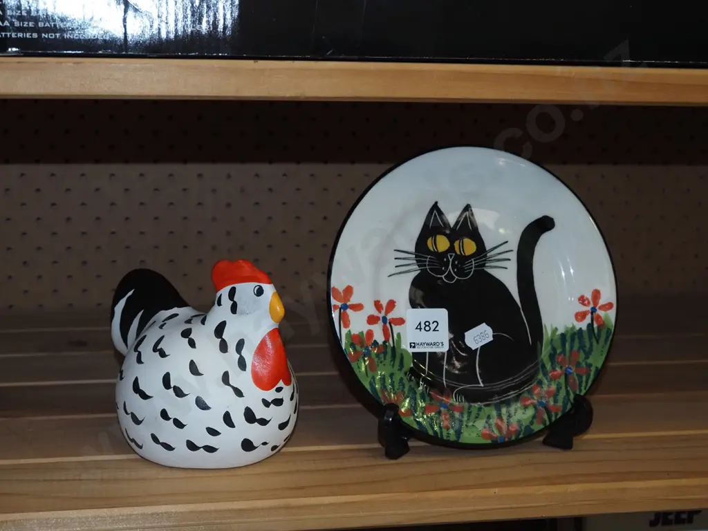 happy hen, hand painted Kilsby NZ pottery cat plate Image 1++