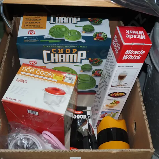 box; microwave cooker, miracle whisk etc