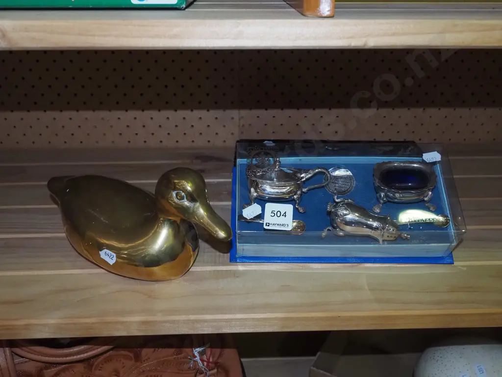 brass duck figurine, boxed plated salt and pepper set Image 1++