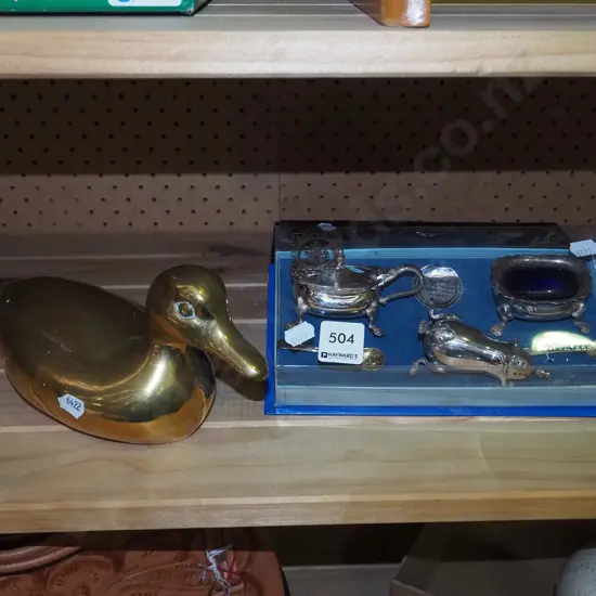 brass duck figurine, boxed plated salt and pepper set