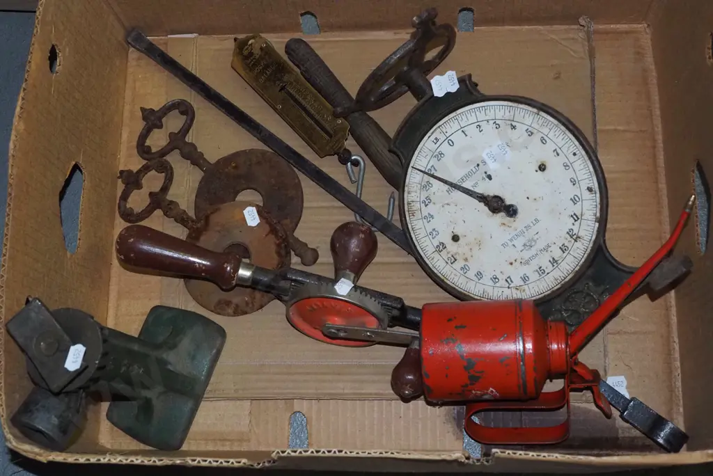 box; oiler, scales, egg beater drill etc Image 1++