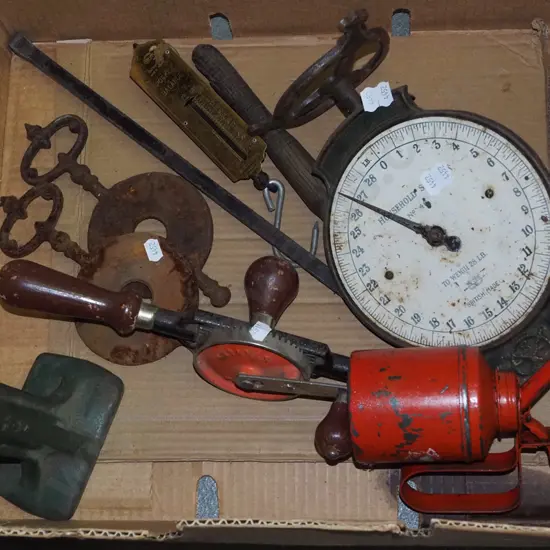box; oiler, scales, egg beater drill etc