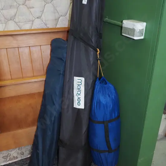 marquee gazebo, camping chair, bed roll