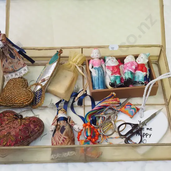 various snow white figurines, Xmas decorations etc