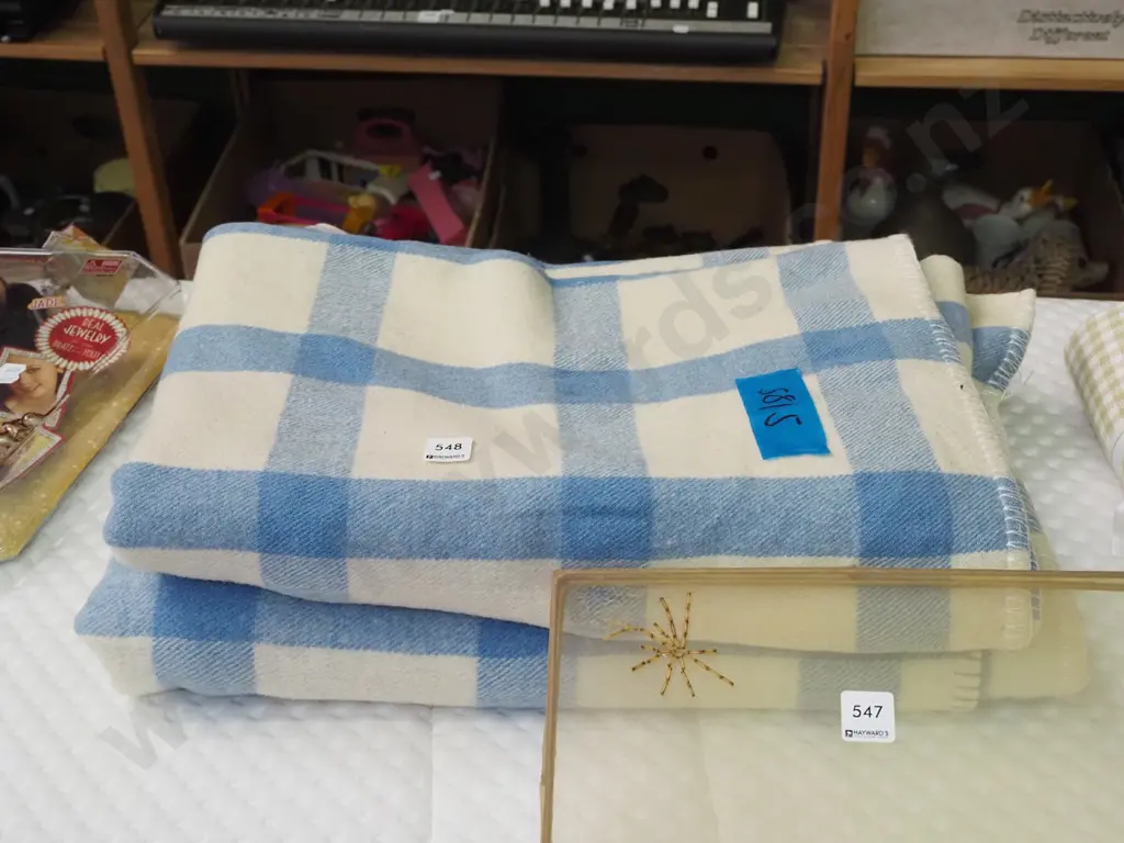blue and white checked  woollen blanket Image 1++