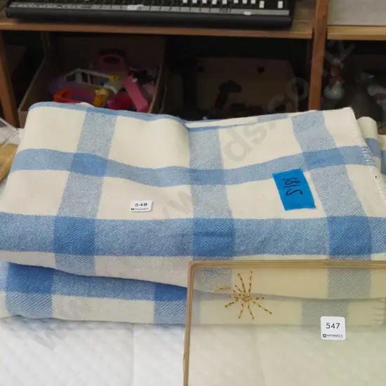 blue and white checked  woollen blanket