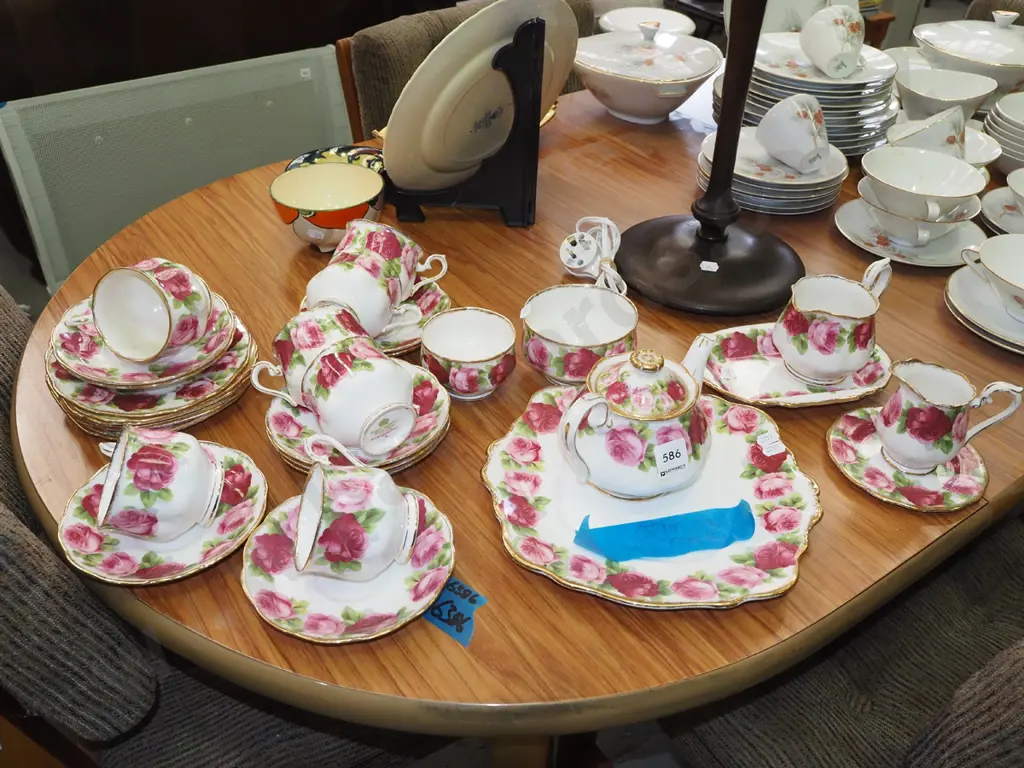 Royal Albert Old English Rose tea 30 piece service - cracks and staining to teapot Image 1++