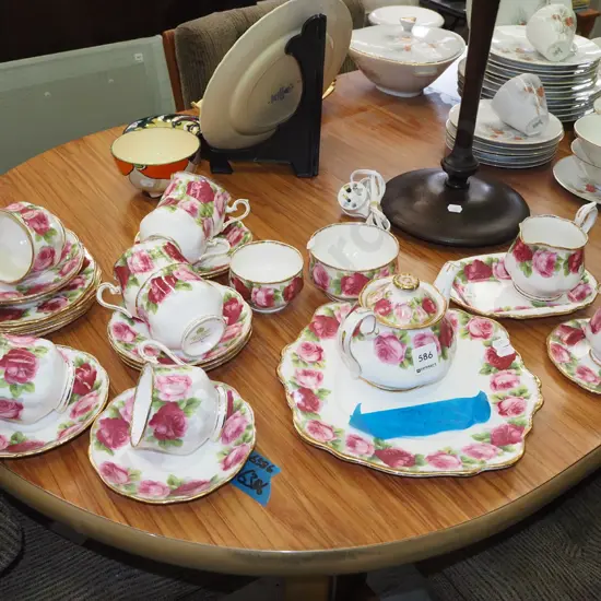 Royal Albert Old English Rose tea 30 piece service - cracks and staining to teapot