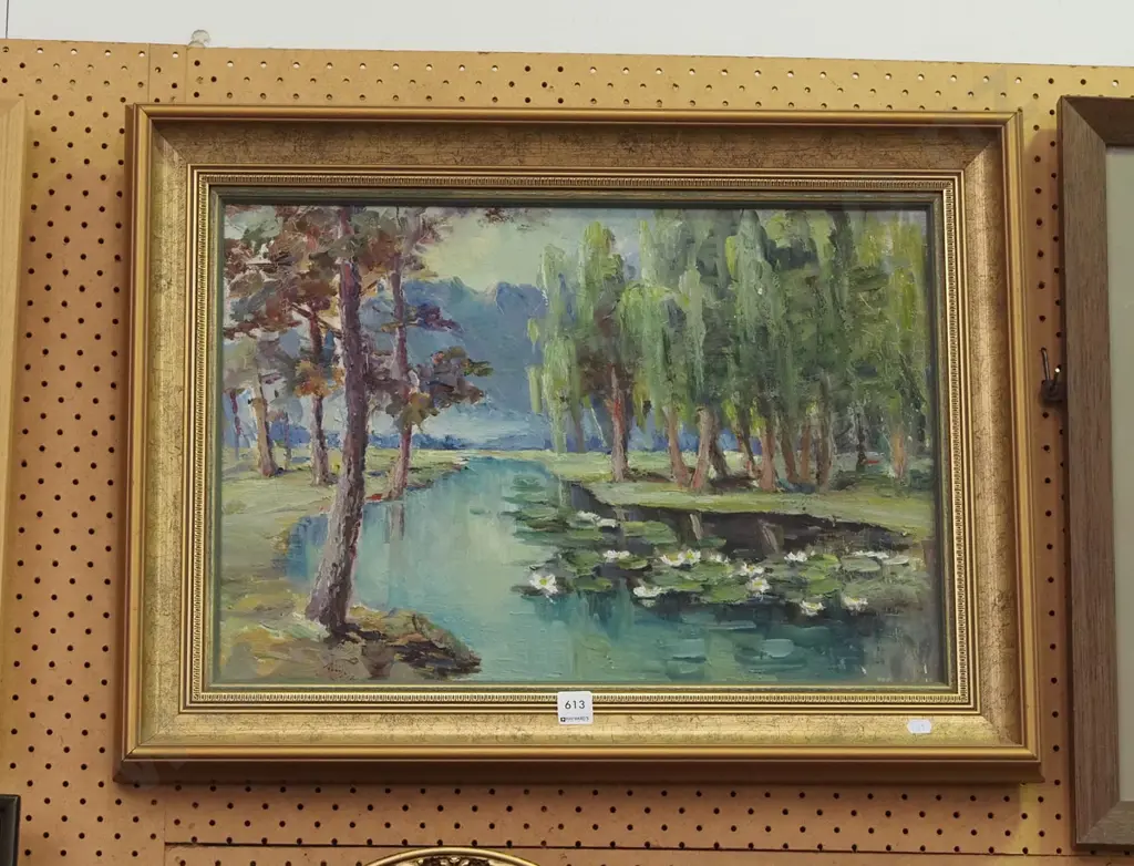framed oil - river scene - some damage Image 1++