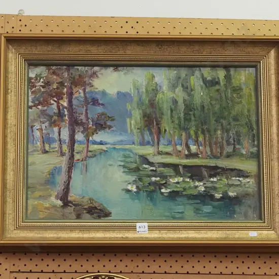 framed oil - river scene - some damage