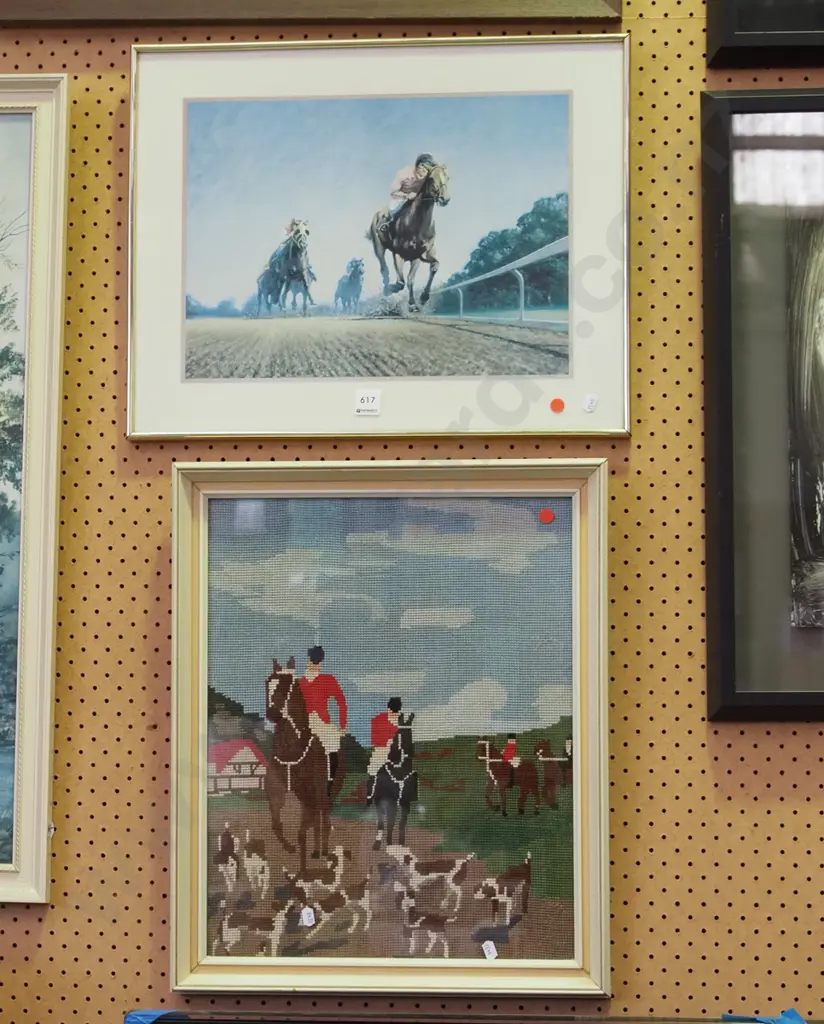 framed horse racing print, needlework - reds dots Image 1++