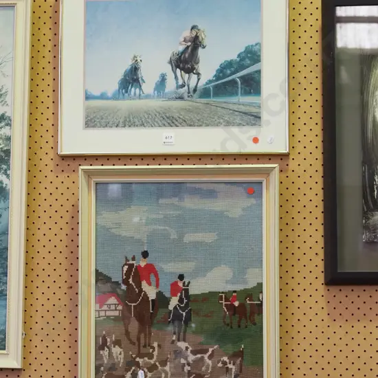 framed horse racing print, needlework - reds dots