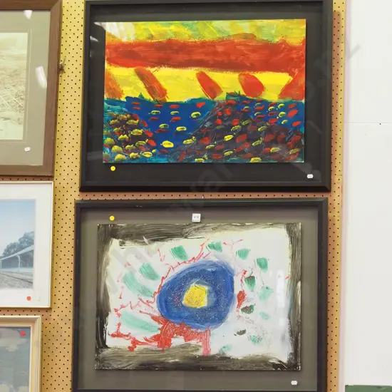 2x framed mixed medias - yellow dots