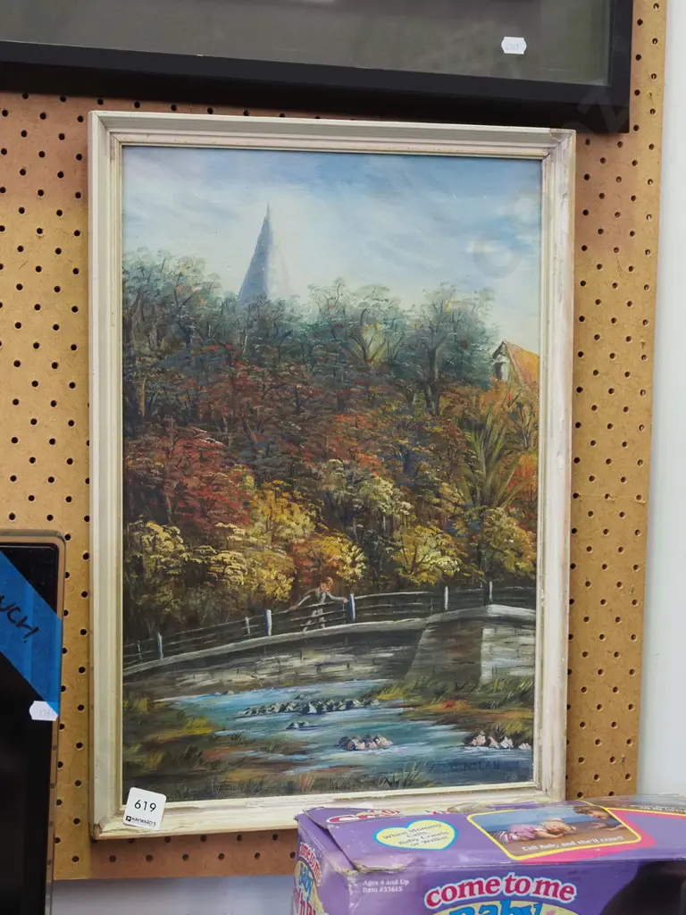 framed oil - boy on bridge - frame needs attention Image 1++