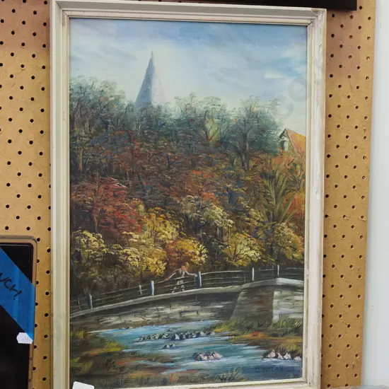 framed oil - boy on bridge - frame needs attention