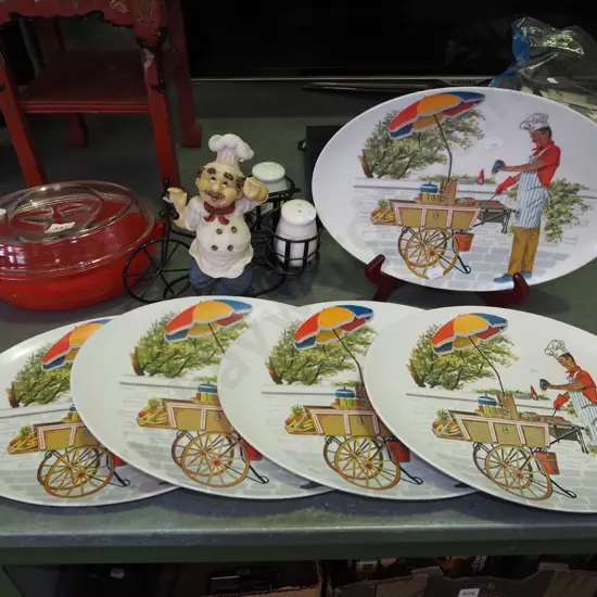 novelty chef salt and pepper set, plastic bbq plates etc