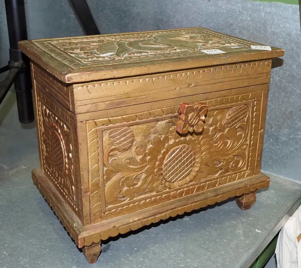 heavily carved wooden lidded box H250 W300 D200 Image 1++