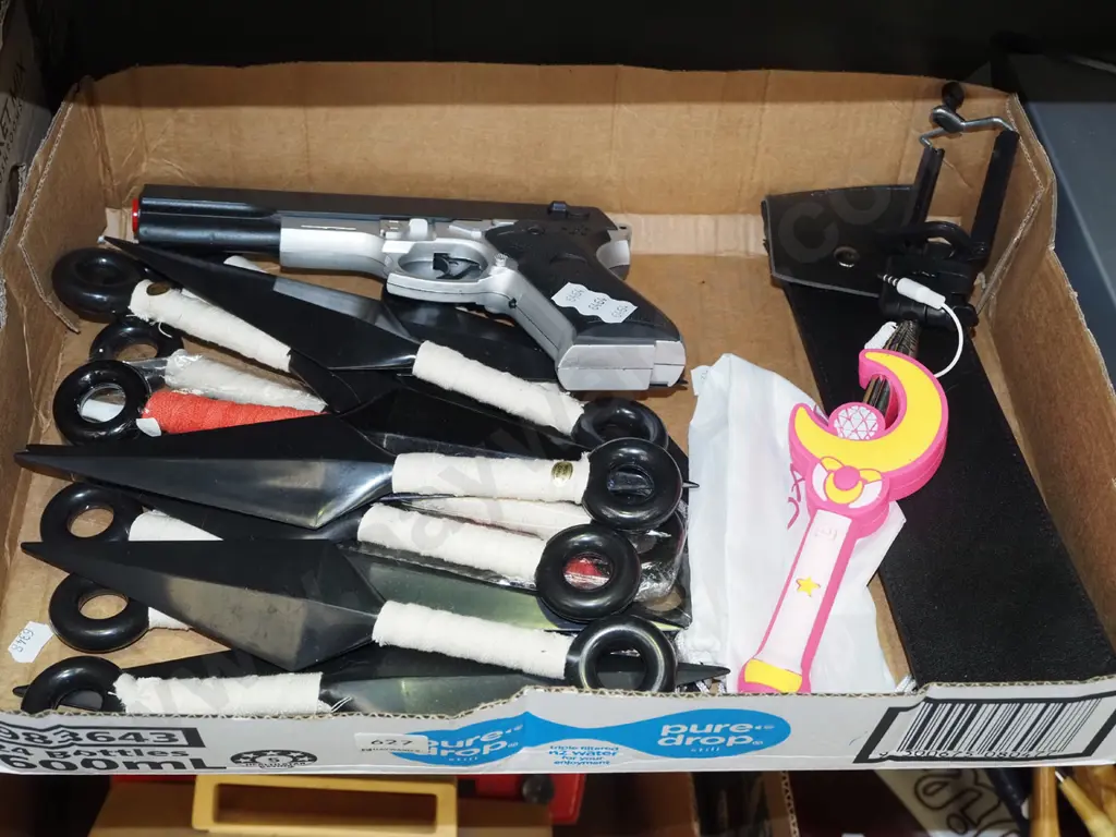 box; plastic throwing knives, magic wand selfie stick etc Image 1++