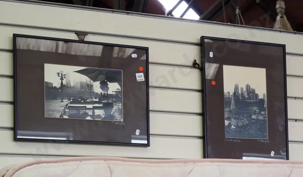 2x framed photographs - city scapes - red dots Image 1++