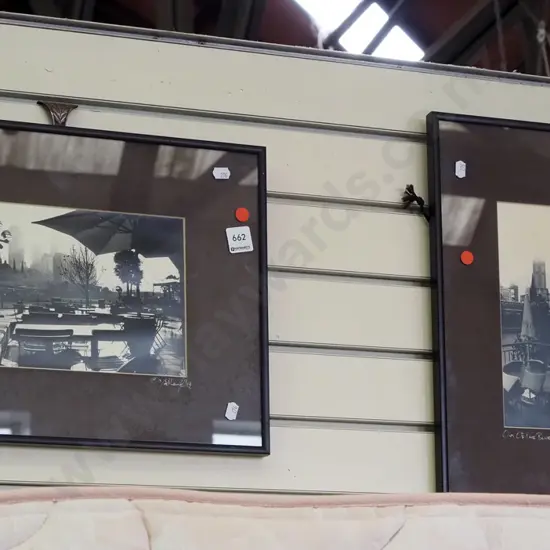 2x framed photographs - city scapes - red dots