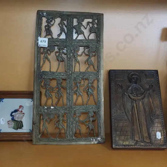 framed tile, framed religious art work, metal and brass screen H370