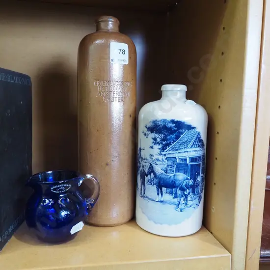 2x stone ware gin bottles, blue glass jug