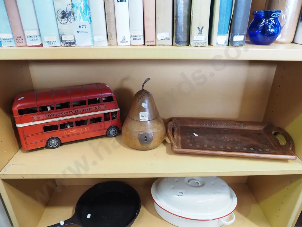 tin London bus toy, wooden apple canister, tray Image 1++