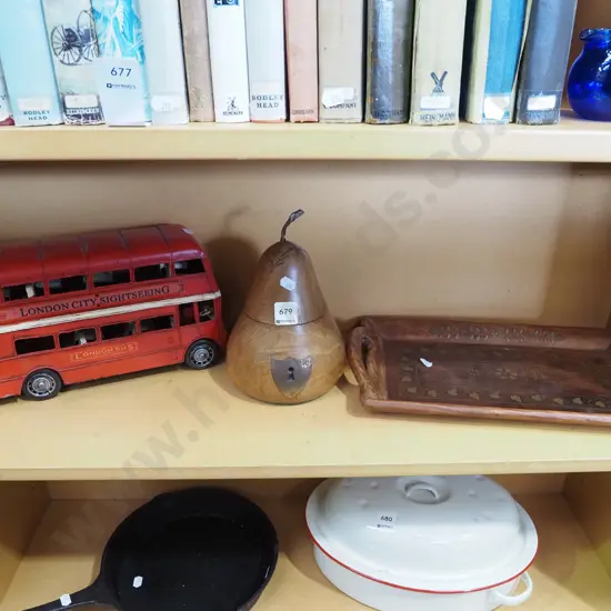 tin London bus toy, wooden apple canister, tray