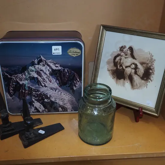 cast metal door stops, glass jar, cake tin etc