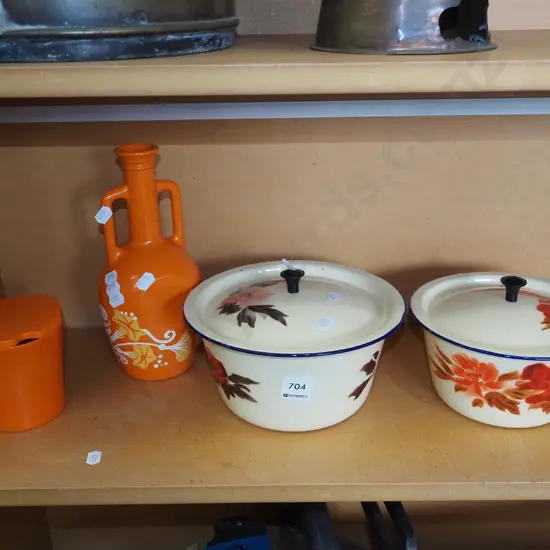retro canister, vase, 2x enamel lidded bowls