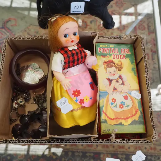 box; wind up toy, bangle, costume jewellery etc