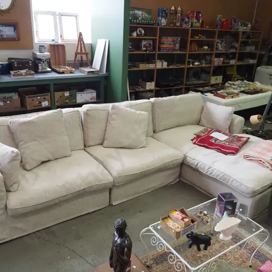 cream linen L shaped couch with matching cushions L3350 W1870