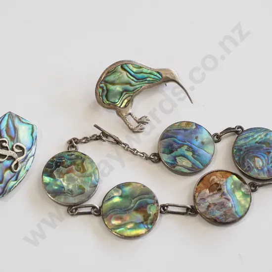 paua shell and sterling silver bracelet, brooches 