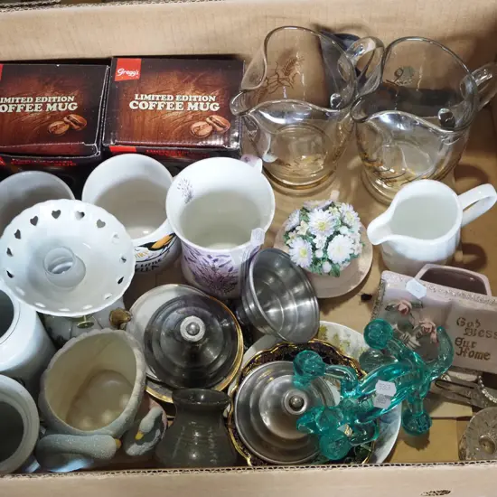 box; water jugs, coffee cups, lizard massage tool etc