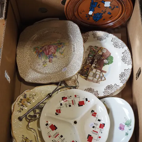 box; plates, gay day segmented plate, souvenir items etc