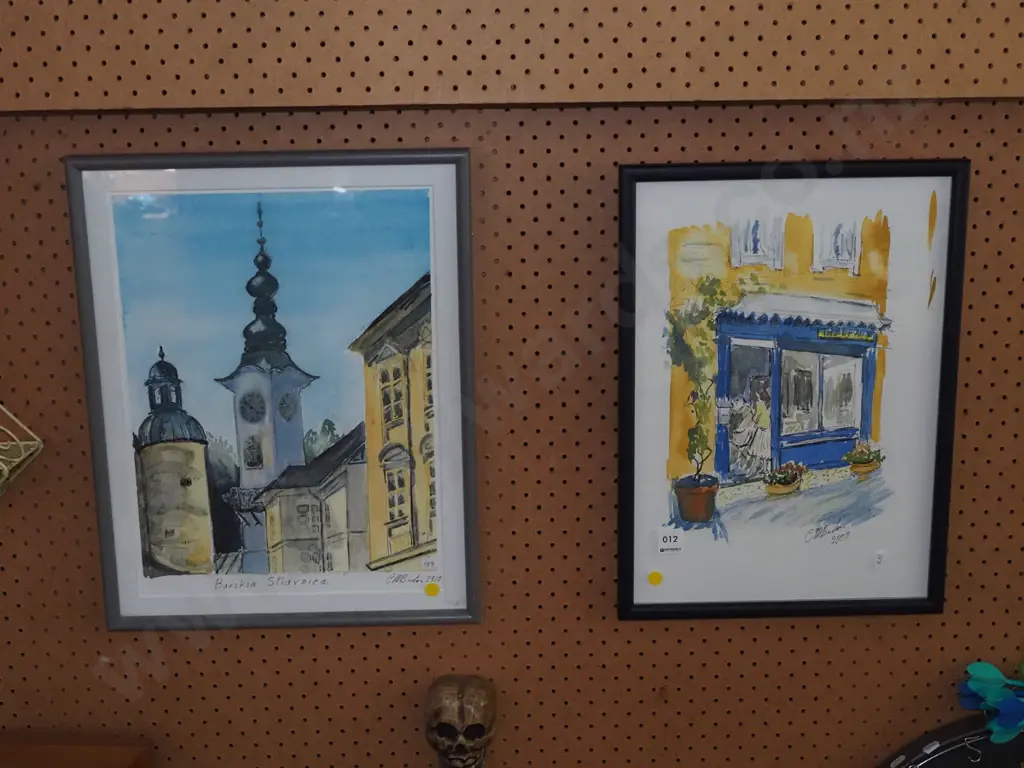 2x watercolours - city scenes - yellow dots Image 1++