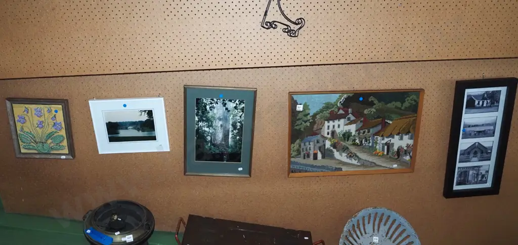 various framed photos and needleworks - blue dots Image 1++