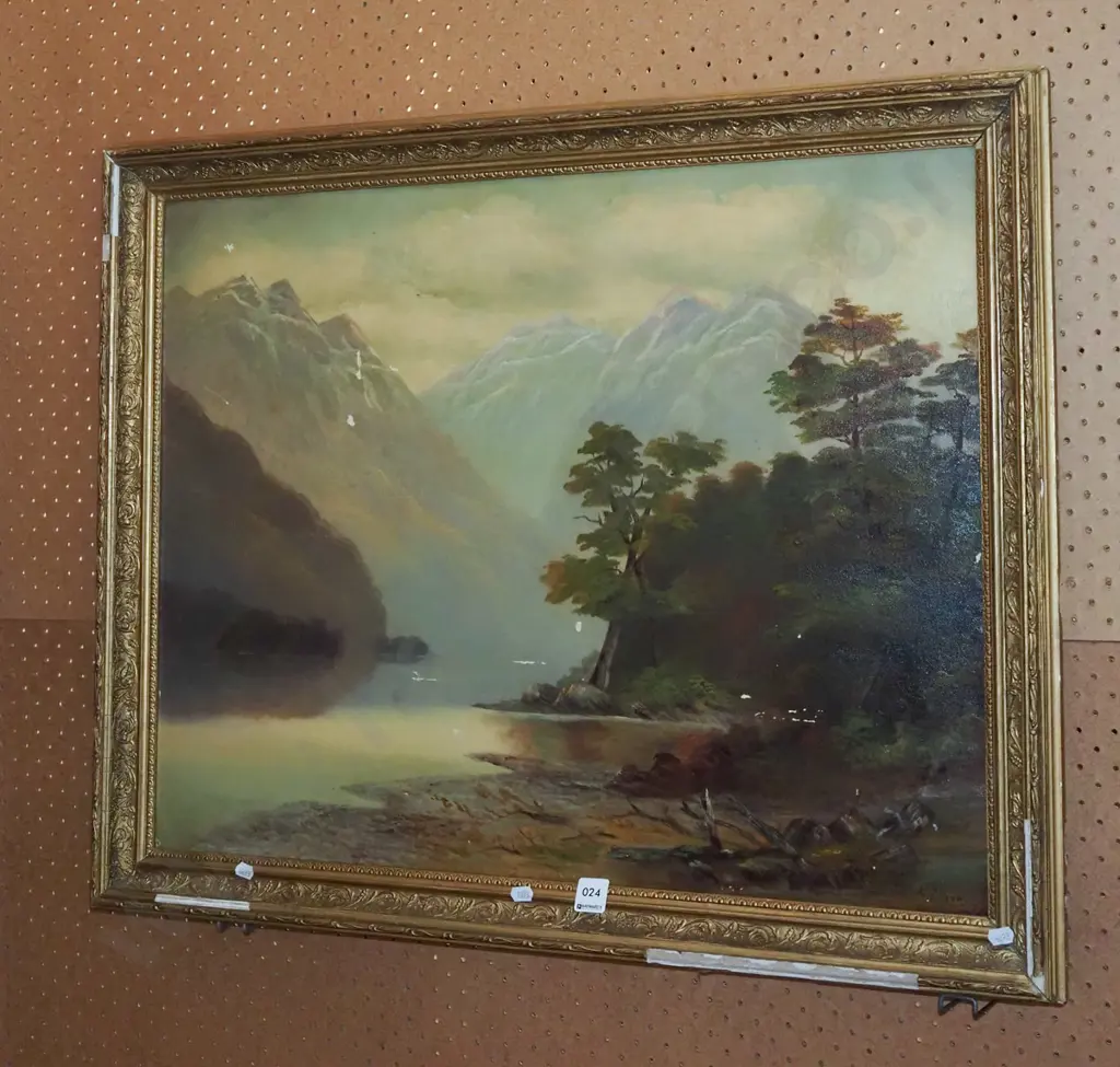 colonial oil on board - lake and mountain scene - damage to frame and artwork Image 1++
