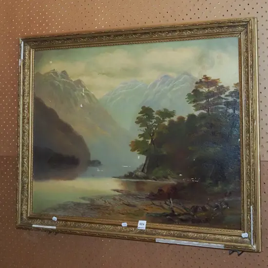 colonial oil on board - lake and mountain scene - damage to frame and artwork