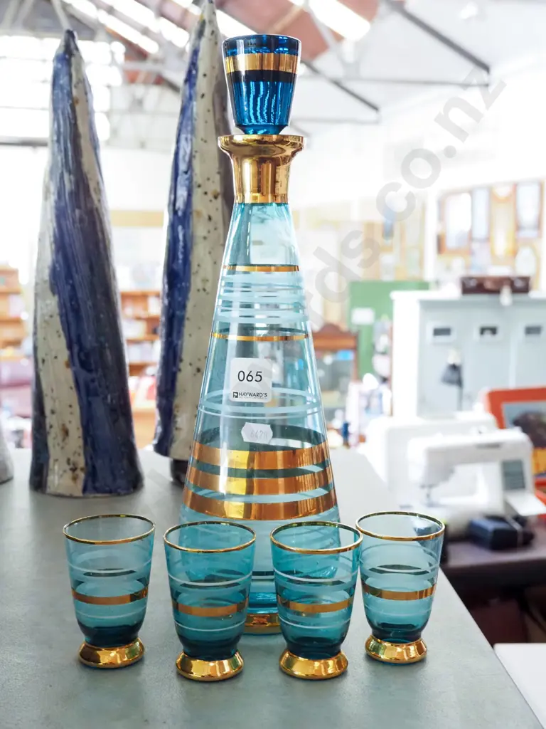 retro blue and gold glass decanter , 4x small glasses Image 1++